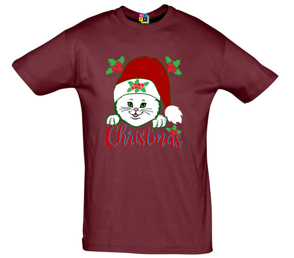 Cat In Santa Hat Printed T-Shirt - Mr Wings Emporium 