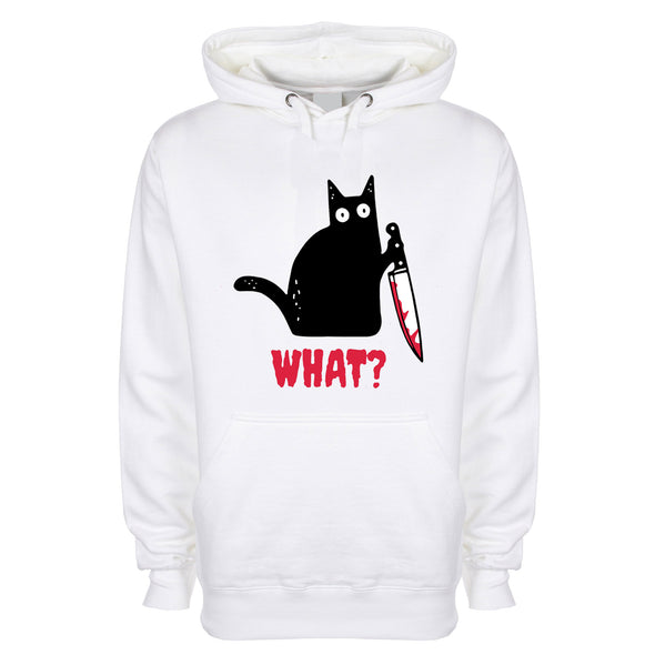 Kitty With A Knife, What! White Printed Hoodie