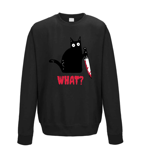Kitty With A Knife, What! Black Printed Sweatshirt