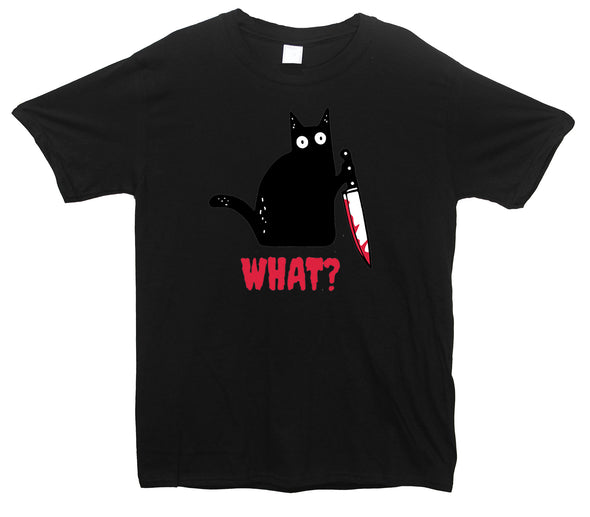 Kitty With A Knife, What! Black Printed T-Shirt