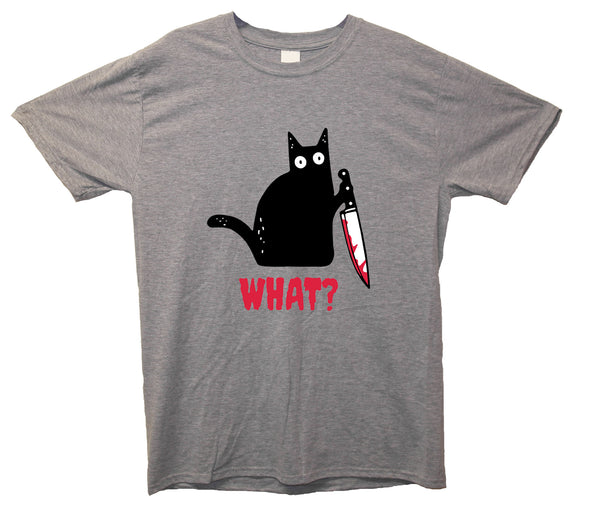 Kitty With A Knife, What! Grey Printed T-Shirt