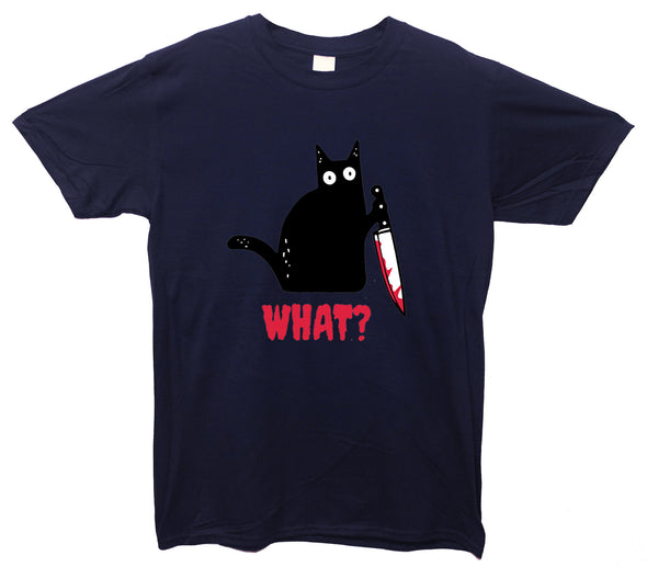 Kitty With A Knife, What! Navy Printed T-Shirt