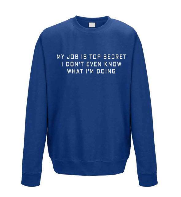 My Job Is Top Secret, I Don't Even Know What I'm Doing Blue Printed Sweatshirt