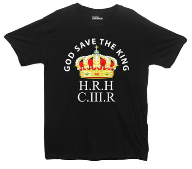 God Save The King H.R.H C.III.R With a Crown Black Printed T-Shirt