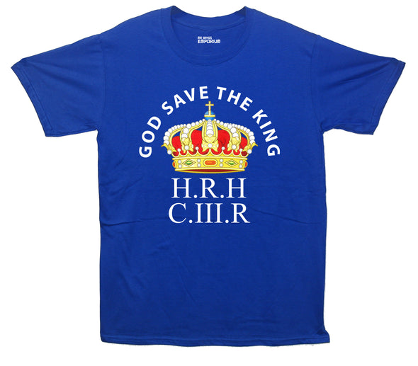 God Save The King H.R.H C.III.R With a Crown Blue Printed T-Shirt