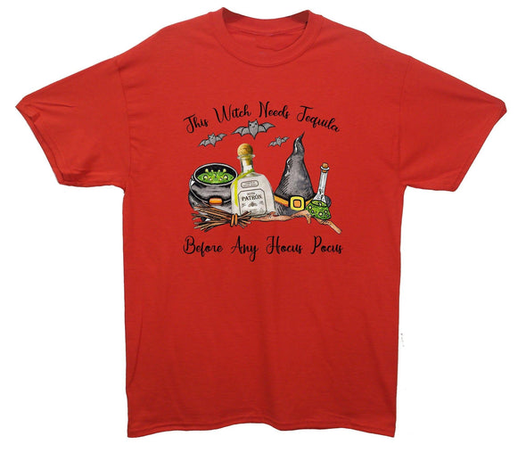 This Witch Needs A Tequila Before Any Hocus Pocus Printed T-Shirt - Mr Wings Emporium 