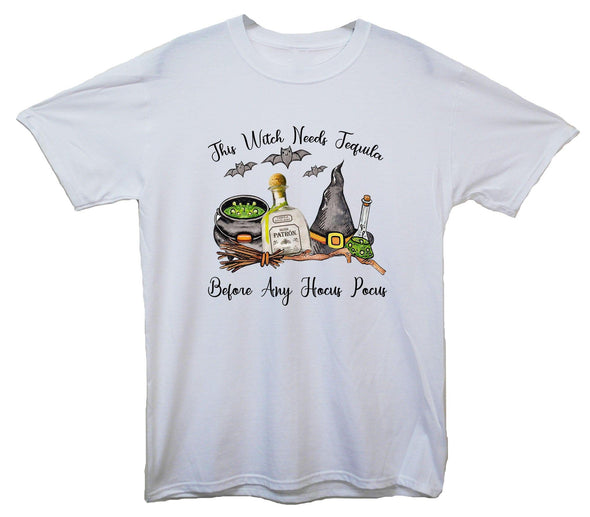 This Witch Needs A Tequila Before Any Hocus Pocus Printed T-Shirt - Mr Wings Emporium 