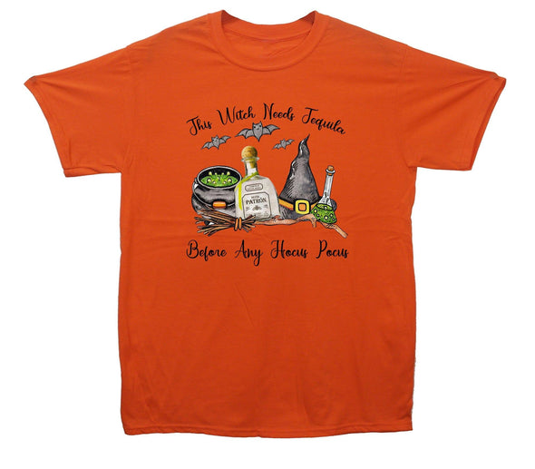 This Witch Needs A Tequila Before Any Hocus Pocus Printed T-Shirt - Mr Wings Emporium 