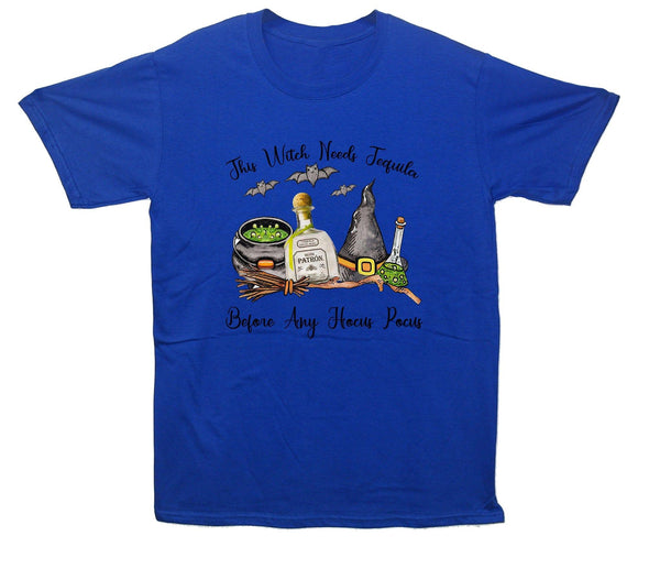 This Witch Needs A Tequila Before Any Hocus Pocus Printed T-Shirt - Mr Wings Emporium 