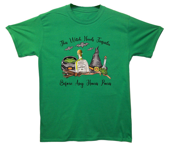 This Witch Needs A Tequila Before Any Hocus Pocus Printed T-Shirt - Mr Wings Emporium 