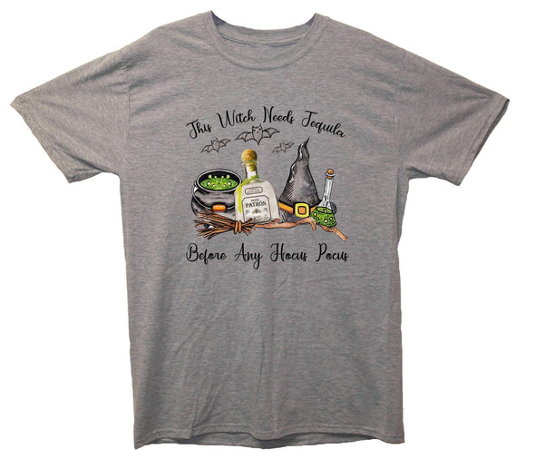 This Witch Needs A Tequila Before Any Hocus Pocus Printed T-Shirt - Mr Wings Emporium 