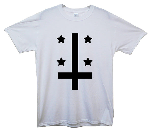 Upside Cown Cross And Stars Printed T-Shirt - Mr Wings Emporium 