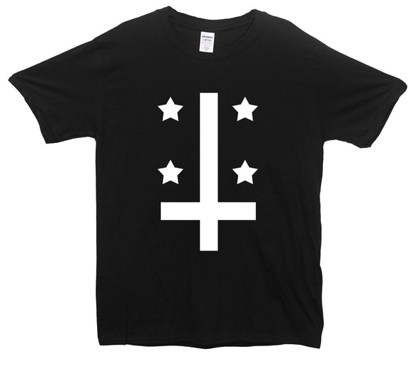 Upside Cown Cross And Stars Printed T-Shirt - Mr Wings Emporium 