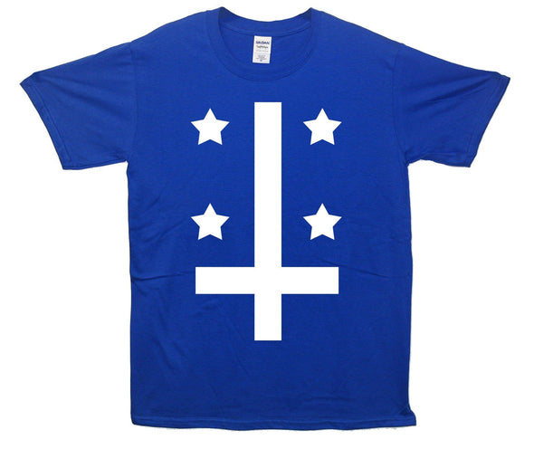 Upside Cown Cross And Stars Printed T-Shirt - Mr Wings Emporium 