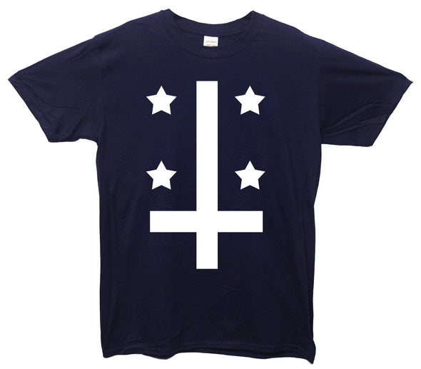 Upside Cown Cross And Stars Printed T-Shirt - Mr Wings Emporium 