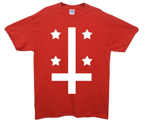 Upside Cown Cross And Stars Printed T-Shirt - Mr Wings Emporium 
